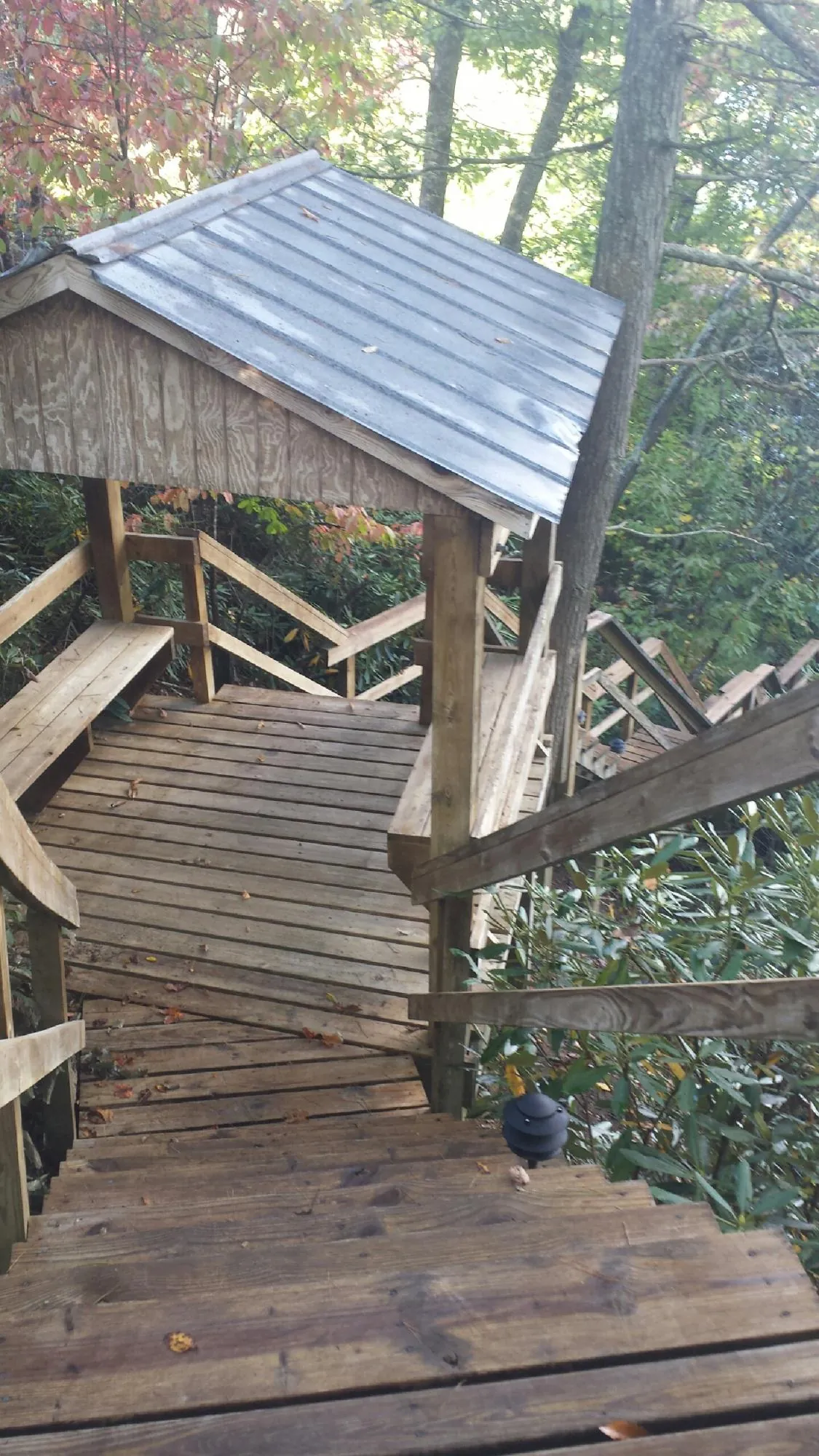 Metal roofed shelter over wooden steps on a wooded walkway — Skylight Repair & Installation work by our crew in Millmont